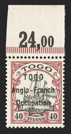 S.G. H7, 1914 TOGOAnglo-FrenchOccupation overprint on 40pf Black and carmine, wide setting, top margin single with 24,oo, fresh colors, o.g., never hinged, very fine 2003
Ceremuga certificate (Scott 41 for hinged $275.00).