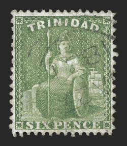 S.G. 79, 1876 6p Yellow green, perforated 14 x 12½, a lovely used example of this important British West Indies rarity which only exists used, being one of the most lightly
cancelled and well centered copies available, unusually well centere