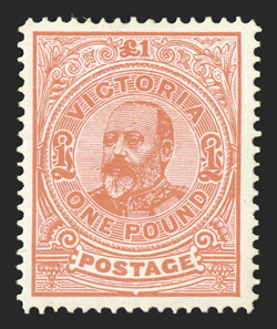 S.G. 444, 1907 £1 Salmon, perf. 11, well centered, fresh color, o.g., mild h.r., very fine 1991 PF certificate (Scott 230 $400.00).