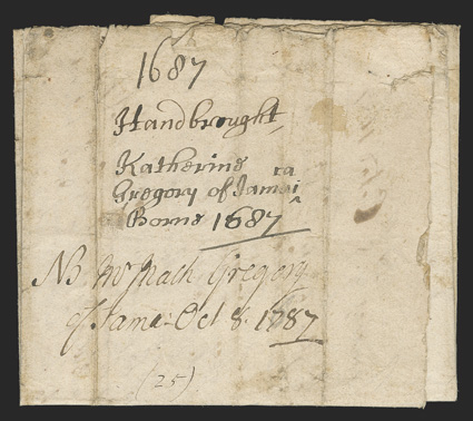 1687 Letter from Jamaica to England, folded letter datelined Jamaica, 8th Octob 1687 from Matt Gregory to his brother back home, endorsed as having been Handbrought and with
recipients notes as to writer and content, very fine for this an e