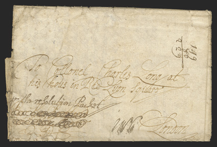1708 Dummer Packet letter to London, folded letter with original directive crossed-out and replaced with p the Resolution Packet and manuscript 1N6 packet rate of 1704, NO24
London Bishop mark arrival postmark, fine and rare very few le
