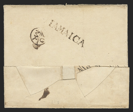 IAMAICA, clear Potter Ty. J4 postmark on reverse of 1776 folded cover to London with 2N double packet rate and 20MR Bishop mark London arrival backstamp, fresh and very
fine.