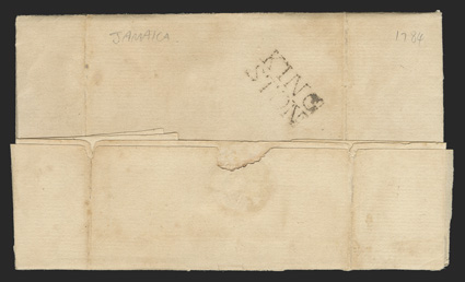 KINGSTON, mostly clear 22x12mm two-line handstamp on reverse of 1784 folded letter datelined at Kingston and addressed to St. Tho. in the East (St. Thomas) with light
manuscript 1- rate, file fold with some erosion in the address panel, fin