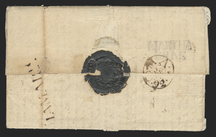 MARTHABRAE, light but clear strike of this 27x12mm two-line straightline postmark on reverse of 1792 folded letter datelined at Trelawny to Dumfries, Scotland, manuscript paid
110 12 and p Pacquet directive, clear IAMAICA Kingston transi