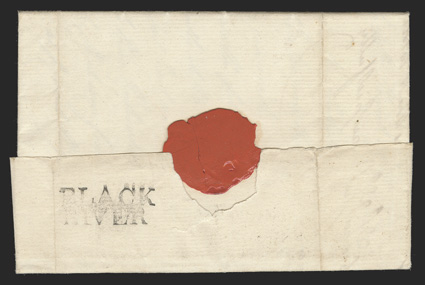 BLACKRIVER, mostly clear two-line 31x12mm straightline postmark on reverse of fresh 1793 folded letter datelined at Kippinross to Trelawny, Jamaica with manuscript 13 rate,
very fine and scarce one of only fifteen recorded examples a le