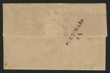 PORT-MARAJA, bold 38x11mm straightline postmark, misspelling Port Maria as always, across the backflap of 1803 folded letter from London to Kingston, manuscript 13 rate and p
Renard directive, climatically browned, otherwise very fine and r
