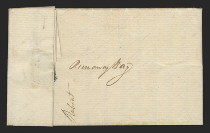 Ruaway Bay, clear manuscript postmark on reverse of fresh small 1815 folded letter to Pemberton Valley, St. Marys with manuscript p post and 7 12 rate, extremely fine
unrecorded by Foster and believed to be unique accompanied by a full