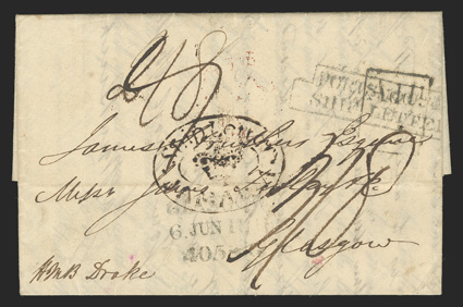Ship LetterJAMAICA in double oval with crown at center nicely struck on 1816 folded letter from Kingston to Glasgow, JAMAICA6Ap616 fleuron backstamp (Foster Ty. F3b),
manuscript HMB Drake directive and 28 packet rate, stepped PORTSMOUT