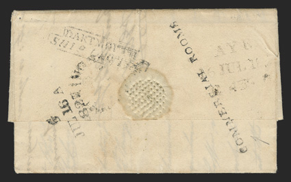 COMMERCIAL ROOMS, clear one-line straightline forwarding agents handstamp (Foster Ty. CR6) across the backflap on reverse of 1827 folded letter from Green Pond to Ayr,
Scotland, faint Kingston backstamp, p Ship Mary directive and 5- packet r