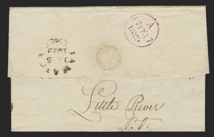 Little River P.O., beautifully written manuscript postmark on reverse of 1829 folded letter from Cinnamon Hill to London, JAMAICAJA 51829 fleuron backstamp, front with
manuscript Express post paid, pr Packet directive and 26 packet rat