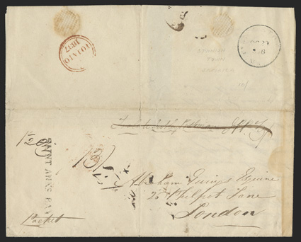 SAINT ANNS BAY, mostly clear strike of 57x5mm straightline postmark on the front of legal-sized 1836 folded letter datelined at Eaton Hall to London, with manuscript Too late
brot by Postman IPP 3- crossed out, packet directive and 1 12oz
