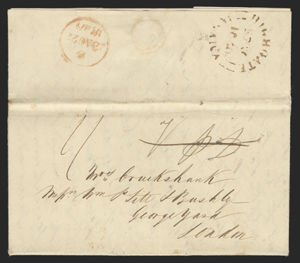 HIGHGATEJAMAICA, mostly clear July 25, 1840 split circle datestamp (Foster P2a) on backflap of folded letter to London datelined at Ballards Valley, manuscript 7 PD internal
rate and 1 ship rate, red London arrival backstamp, very fine and