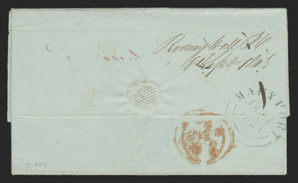 Rodney Hall PO6th Sept 1843, manuscript postmark on backflap of folded letter to Cumberland, England datelined at Byndlop Estate, manuscript Inland postage paid 7 and 1- ship
rate, red London transit backstamp and blue Mayport arrival backs