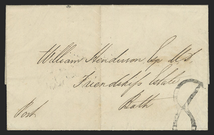 8 mostly complete strike of this postage due handstamp made from a wooden block (Foster TP1) on 1846 folded cover datelined at Kingston and addressed to Friendship Estate,
Bath, KingstonJamaicaJa 22, 1846 backstamp, very fine the second of t