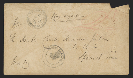 Too Late in circular handstamp (Foster Ty. TL5) struck on cover to Spanish Town with manuscript Very urgent at top center and red crayon 2d rate, faint red split circle
JamaicaPaidJa 3, 1874 postmark, Annotto Bay Jan. 12 and Kingston Jan
