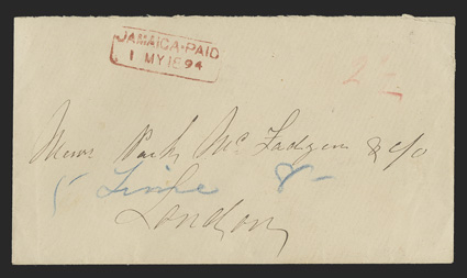 JAMAICA-PAID1 MY 1894, red boxed handstamp applied during a postage stamp shortage to cover to London, red crayon 2 12 rate and well struck CrosskeysJamaica30 Ap, 94 squared
circle datestamp on reverse, very fine and scarce.