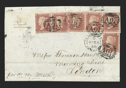 S.G. Z2, 1857 1d Rose-red, perf. 14, L shaped strip of four and horizontal pair tied by five strikes of A01 Ty. Z1 obliterator to cover front with top backflap to London,
split circle LilliputJamaicaJa 25, 58 datestamps showing inverted m