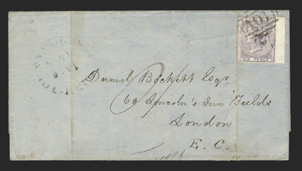 S.G. Z5, 1856 6d Lilac, right wing-margin single tied by A01 Ty. Z1 obliterator to folded cover to London, partial strike of Spanish TownJamaicaJa 26, 1859 split circle
datestamp, Kingston transit and red London arrival backstamps, very fi