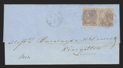 S.G. Z74, 1856 6d Lilac, two singles tied by two strikes of A44 obliterator to Barclays & McDowell correspondence folded cover to Kingston with GoshenJamaicaOc 4, 59 datestamp
alongside, Kingston arrival backstamp, very fine (Scott A69).