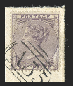 S.G. Z105, 1856 6d Lilac, single with vivid rich color, tied to piece by perfectly struck A55 obliterator of Mile Gully, very fine and attractive (Scott A101
$325.00).