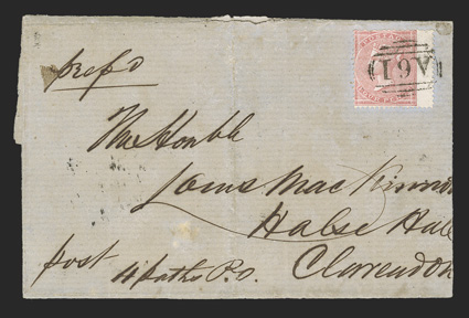 S.G. Z123, 1857 4d Rose, right wing-margin single tied by clear A61 obliterator to folded cover to Clarendon, manuscript 4 Paths P.O. at lower left, reverse with rimless Old
HarbourJamaicaSp 1, 1859 datestamp and rimless ClarendonJamai