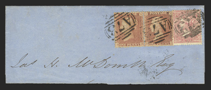 S.G. Z159-Z160, 1857 1d Rose-red and 4d Rose, horizontal pair of former and single of latter, tied by three clear strikes of A73 obliterator to large piece with St. Anns Bay25
Mr, 59 backstamp, fresh and very fine (Scott A152-A153 $800.0