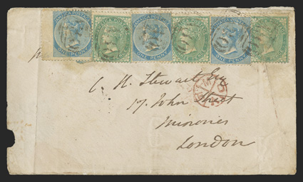 S.G. 1b, 3, 1860 1d Blue and 1863 3d Green, three singles of each, tied to each other and to cover to London by six strikes of A30 obliterator, matching Black-RiverJamaicaDe
7, 68 postmark on reverse with month and date slugs inverted, Kin