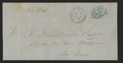 S.G. 1d, 1d Pale blue, bisected, the upper right diagonal half well tied by clear A52 numeral obliterator to folded cover to Spanish Town, MandevilleJamaicaFe 8, 67 origin
backstamp and clear Spanish-TownJamaicaFe 9, 67 arrival postmar