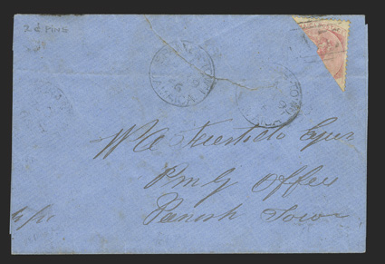 S.G. 2 var., 1860 2d Rose, bisected, unofficial bisect of the upper right diagonal half tied by A57 numeral obliterator across the bisect to blue cover to Spanish Town,
matching Morant BayJamaicaMy 19, 66 datestamp alongside and Spanish To