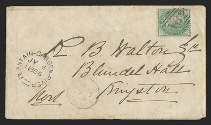 S.G. 3, 1863 3d Green, tied by A62 obliterator to cover to Kingston, matching Plantain-Garden-RiverJy 6, 1866 datestamp and Kingston arrival postmark, very fine (Scott
3).