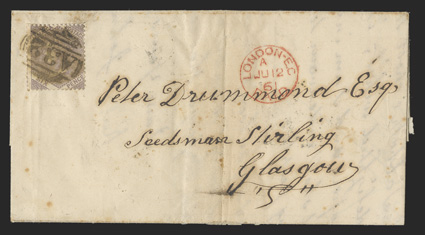 S.G. 5, 1860 6d Dull lilac, tied to folded letter to Glasgow by A32 obliterator, matching Buff Bay JamaicaMy 24, 1861 backstamp, Kingston transit backstamp (partially torn
away with piece of backflap), red London transit postmark and Stirli