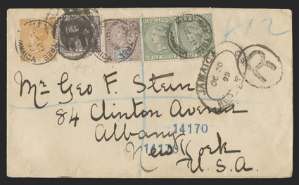 S.G. 16a, 23a, 29, 1885 ½d Green, 1890 6d Orange-yellow, 1891 2½d Dull purple and blue and 3d Purple Telegraph stamp, two singles of ½d, all tied by four strikes of
Half-Way-TreeJamaicaOc 19, 99 datestamp to registered cover to the U.S., R