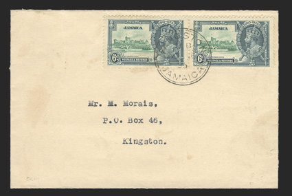 S.G. 116a, 1935 6d Silver Jubilee, extra flagstaff, the left stamp in a horizontal pair, tied to cover by single neat strike of KingstonJamaicaNo 6, 35 double circle
datestamp, extremely fine and quite scarce on cover, off cover used singles