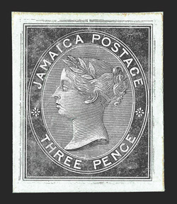 S.G. 3-4, 6E, 1860-63 3d, 4d and 1- Progressive die proofs, group of six cut down die proofs in black of the Wyon Head on glazed card comprised of the 3d before adding the
corner ornaments, 4d with head surroundings uncleared and the 4d finis