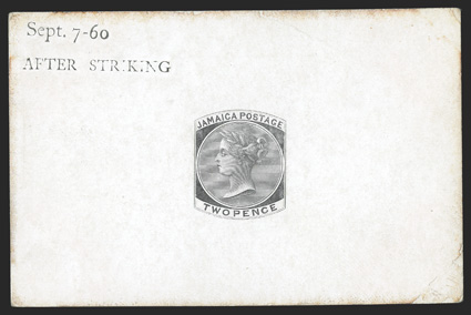 S.G. 2P,1860 2d Die proof in black on glazed card, 92x60mm, stamped Sept. 7-60 and AFTER STRIKING, diagonal crease at bottom right and some discoloration around the perimeter,
otherwise fine ex-Surtees (Scott 2P).