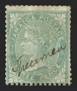 S.G. 16s, 1860-63 Specimen group, comprised of 1d and 3d with manuscript Specimen (Samuel Ty. DMS), 3d and 1- with diagonal SPECIMEN handstamps (Samuel Ty. D3), 2d with
inverted diagonal SPECIMEN. overprint (Samuel Ty. J2), two example