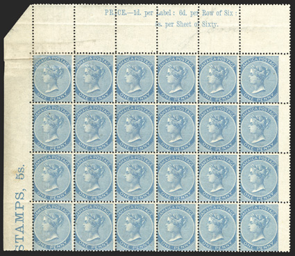 S.G. 1b, 1860 1d Blue, an extraordinary mint block of 24, being the top four rows from the lower left pane, with selvage at left showing part imprint, inter-pane gutter margin
at top with full imprint and wing-margin at right, wonderfully fresh,
