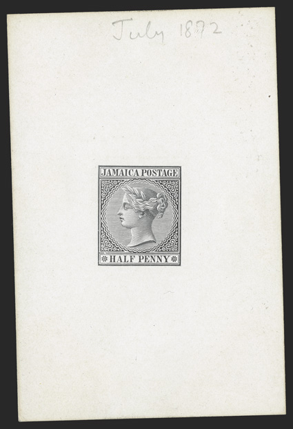 S.G. 7P, 1872 ½d Die proof in black on glazed card, struck vertically on 60x92mm card, July 1872 pencil notation at top, fresh and very fine (Scott 13P).