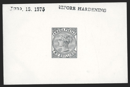 S.G. 14P, 1875 2- Die proof in black on glazed card, 92x60mm, stamped June 18, 1875 and BEFORE HARDENING, uncommonly fresh and clean, extremely fine (Scott
14P).