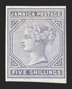 S.G. 7-8, 11, 14-15 vars., 1872-75 ½d-1d, 4d, 2- and 5- Victoria, imperforate imprimaturs, each with ample to large margins all around, including 4d with a bit of a
sheet-margin at left, ½d, 1d and 2- without gum, 4d and 5- with full clean o