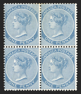 S.G. 7-8, 13, 1872-73 ½d Claret, 1c Blue and 1- Dull brown, fresh mint blocks of four, the 1- with part imprint sheet-margin at right, rich colors, o.g., first two h.r., the
1- never hinged, fine-very fine cataloged as hinged singles (Scott