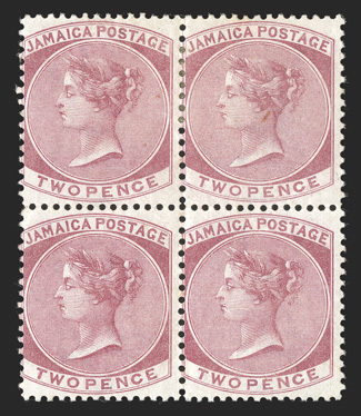 S.G. 9w, 1870 2d Rose, watermark inverted, scarce mint block of four, bright and fresh, o.g., h.r. at top, the bottom pair never hinged, right stamps with natural inclusion,
fine cataloged as hinged singles (Scott 8 var.).