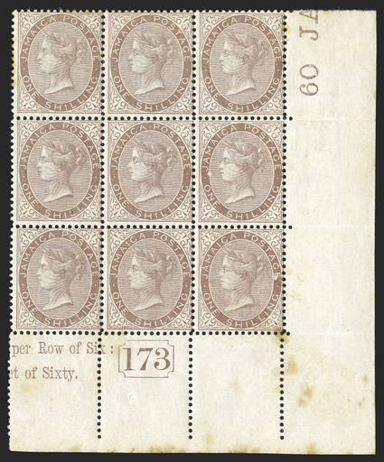 S.G. 13, 1873 1- Dull brown, handsome bottom right corner sheet-margin mint block of nine, showing part imprints in the selvages, crisp and intact, o.g., l.h. or n.h., some
foxing mainly in the selvage but also on a few perfs. of the top left a
