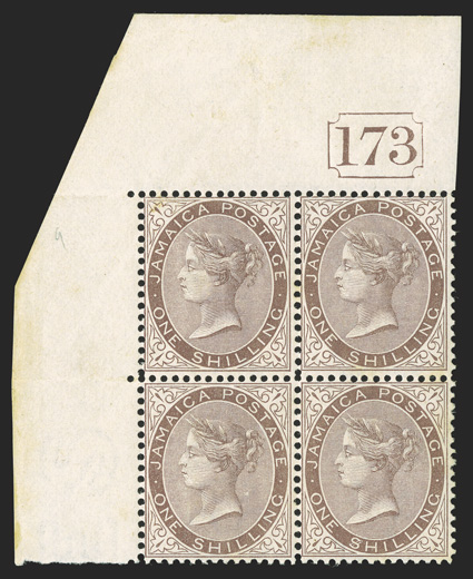 S.G. 13a, 1873 1- Dull brown, $ for S in SHILLING, a highly desirable top left corner sheet-margin mint block of four, with Current Number 173, the lower right stamp the
variety, uncommonly well centered and exceptionally fresh, deep lu