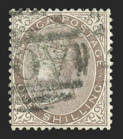 S.G. 13a, 1873 1- Dull brown, $ for S in SHILLING, used with bold numeral obliterator not obscuring the variety, fresh and fine this variety only occurs once in a sheet of 240
stamps on the second stamp in the second row of the upper lef