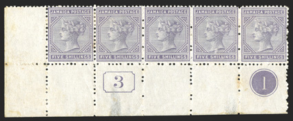 S.G. 14-15, 1875 2- Venetian red and 5- Lilac, top left corner margin plate no. 1 and Current Number 2 horizontal strip of five and bottom left corner margin plate no. 1 and
Current Number 3 horizontal strip of five respectively, both