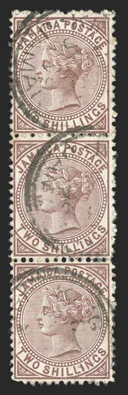 S.G. 14w, 1875 2- Venetian red, watermark inverted, seldom seen used vertical strip of three, fresh and intact, Kingston double circle datestamps, very fine and attractive
(Scott 14 var.).