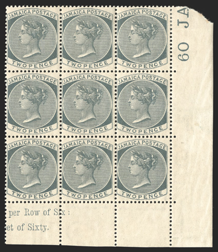 S.G. 20a, 1886 2d Slate, handsome bottom right corner margin mint block of nine, with partial imprints in the sheet selvage, strong and intact, brownish o.g., l.h., six stamps
never hinged, very fine and scarce multiple (Scott 20 $810.00+).