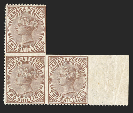 S.G. 25 var., 1897 2- Venetian red, part perforate, remarkable L shaped block of three, imperforate between both horizontally and vertically and between the right stamp and
the selvage, o.g., l.h., 6mm scissor cut in the margin between the bo