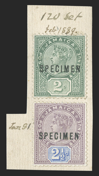 S.G. 27-29s, 1889-91 1d-2½d Victoria, overprinted SPECIMEN cplt., affixed to De La Rue Working Day Book piece and with ms. 120 SetFeb 1889 and with Jan 91 adjacent to the 2½d
value, very fine ex-De La Rue Archives (Scott 24-26s).